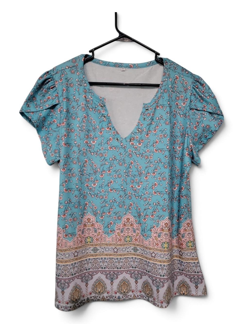 Womenâs Teal Floral VâNeck Short Sleeve Top